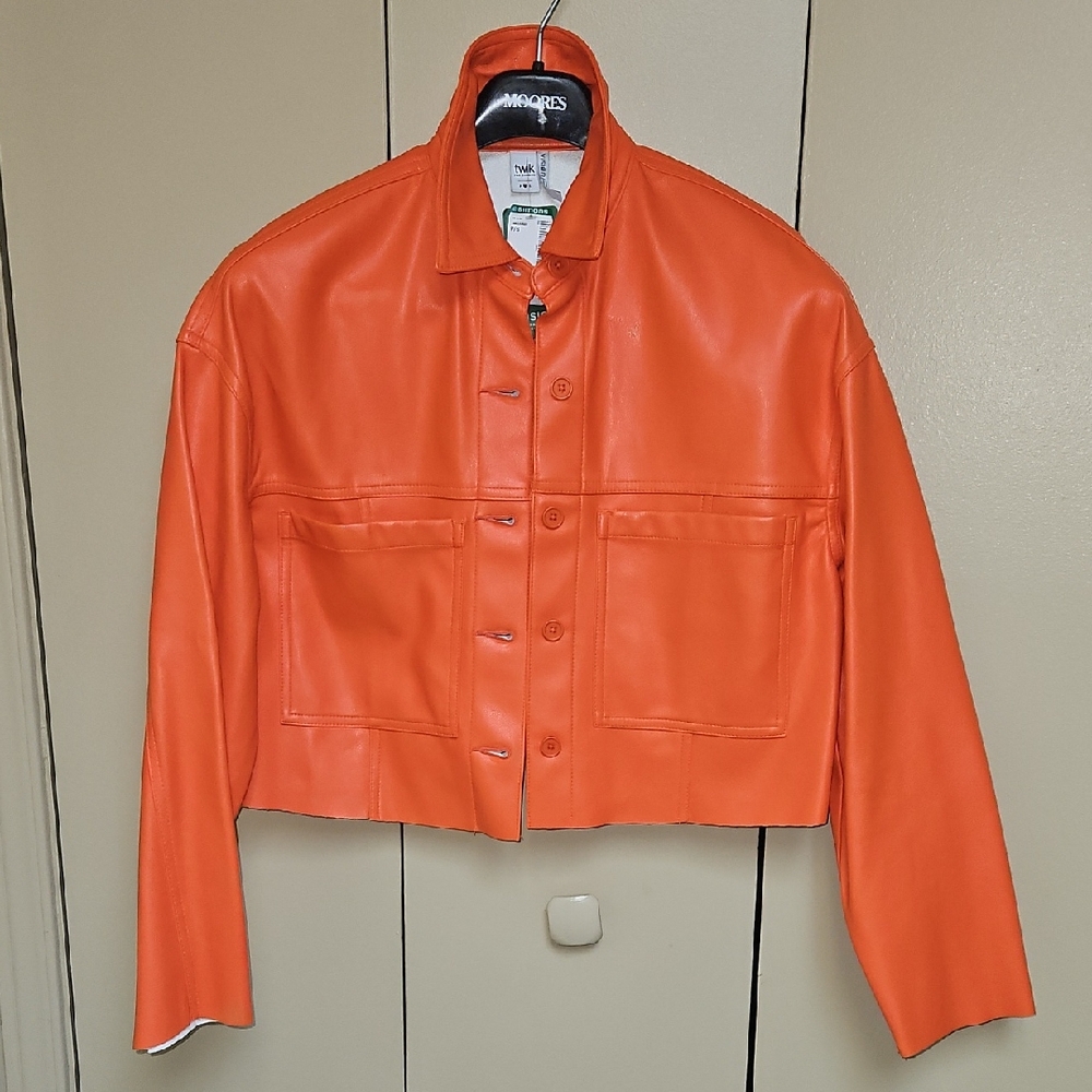 14. Twik Bold Orange Leather Jacket
